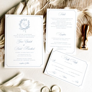 Monogramm Hochzeitseinladungs-Vorlage - Dusty Blue Floral Logo Invite Rsvp Set, Vintage Style Editable Kit, Elegante Insert Card, ANET