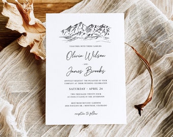 Plantilla de invitación de boda con cordillera - boda en rancho rural, tarjeta editable en blanco negro minimalista de picos, descarga instantánea, ELIA