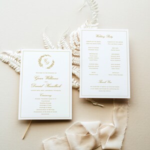 Bruiloft monogram programmasjabloon met lauwerkrans - bewerkbare klassieke kaart met botanisch logo, gouden beginembleem, MYLAH