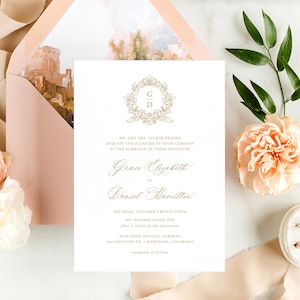 Wedding Invitation Template With Gold Decorative Monogram Crest - Editable Elegant Card, Classic Invite With Baroque Logo, KAIA