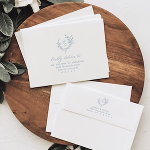 Dusty Blue Envelope Addressing Template With Botanical Wreath - Monogram Editable Envelope Address, Elegant Wedding Logo, MAEVE