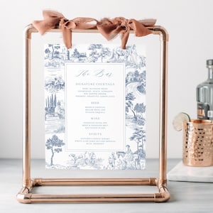 Plantilla para menú de boda en Toile de Jouy azul - Cartel elegante de bebidas de estilo francés antiguo, temática chinoiserie, póster vintage editable, FREN
