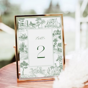 Modello di numero del tavolo da matrimonio in Toile De Jouy verde con cornice - Decorazione per cena francese antica, cartello con incisioni vintage, belle arti botaniche, FREN