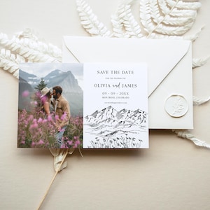 Foto Save the Date Vorlage mit Gebirgszug - Boho Wildblumen Hochzeitsansage, Peaks Minimalist schwarz weiß editierbare Karte, ELIA