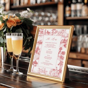 Plantilla para menú de bar de bodas en Toile de Jouy rojo: pancarta de bebidas elegante estilo francés antiguo, póster vintage editable, escena pastoral, FREN