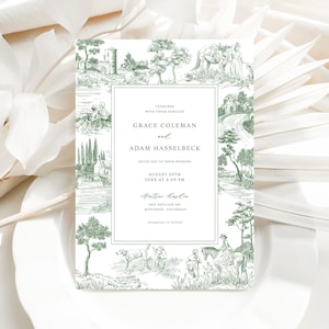 Modèle de faire-part de mariage toile de Jouy verte - invitation de cadre ancien Français, carte de gravure vintage modifiable, beaux-arts botaniques, FREN