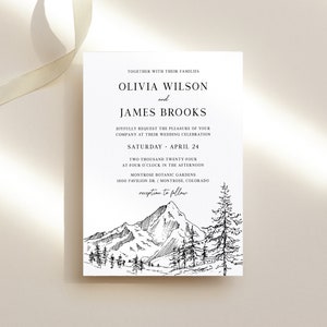 Bergwald Hochzeitseinladung Vorlage - Pine Peaks Hochzeit einladen, Minimalistische schwarz weiss druckbare Karte, digitaler Download, ELIA