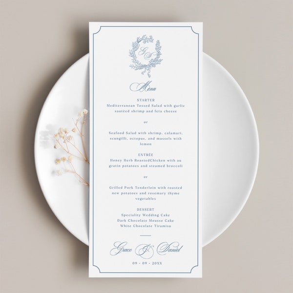 Vintage style wedding menu template with floral wreath - classic dusty blue monogram card, botanical logo elegant tall dinner menu, ANET