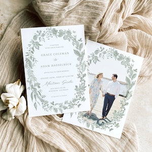 Modèle de faire-part de mariage avec couronne botanique - Invitation élégante printemps-été de feuilles vert sauge, carte modifiable de verdure vintage, SARAH