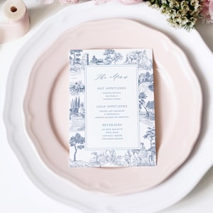 Plantilla editable de menú en Toile de Jouy azul con marco: elegante letrero para recepción de boda, tarjeta con grabados vintage, bellas artes botánicas, FREN