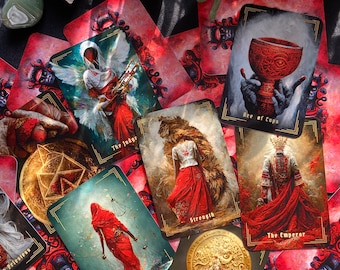 May include: A spread of tarot cards with red and gold accents. The cards feature illustrations of figures, symbols, and scenes. The cards are laid out on a dark surface with a green plant and a green stone.