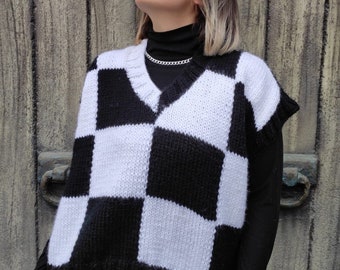 Wednesday Addams Jenna Black-white Sweater Vest, Handknit