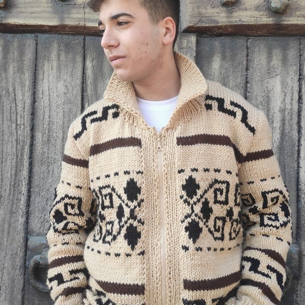 Big Lebowski Cardigan Dude style sweater hand knit wool Cowichan style men's zip sweater