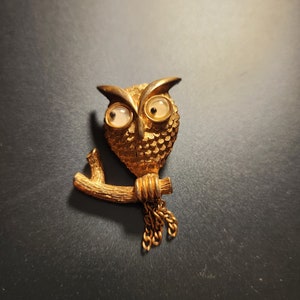 May include: A gold-toned owl brooch with large, round eyes and textured feathers. The owl is perched on a branch, with a chain detail hanging below. The brooch is likely vintage and has a detailed, three-dimensional design.