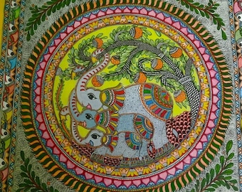 May include: A colorful Indian folk art painting on paper depicting three elephants under a tree with fruit. The painting is framed with a yellow border and intricate designs.