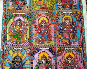 May include: A vibrant, hand-painted artwork featuring nine panels, each depicting a deity with intricate details. The artwork showcases a rich palette of colors, including blues, reds, yellows, and greens, with ornate borders and decorative elements.