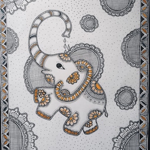 Elefante dipinto a mano originale in Kachhani Art of Mithila/Madhubani Painting for Home Decore