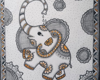 Original Hand Painted Elephant in Kachhani Art of Mithila/Madhubani Painting for Home Decore