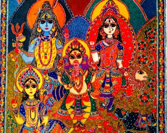 Shiv Parivar ,Original Hand Painted Madhubani Painting on Canvas