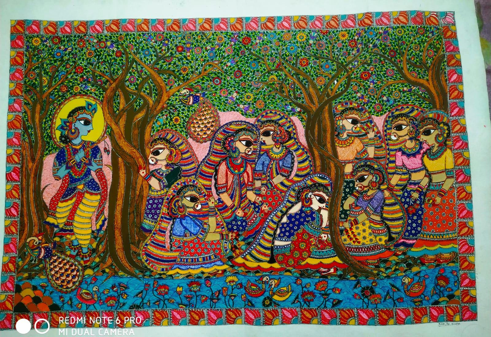 Krishna Astasakhi ,Original Hand Painted Madhubani Painting on Canvas