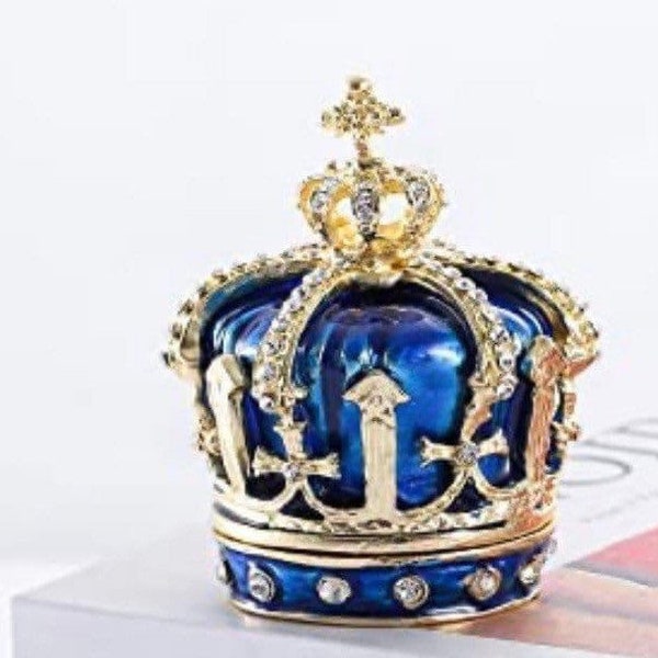 Navy crown covered in gold and Swarovski crystals. This looks like a royal Faberge box. Opens for small items. 2.4”c2.4”c2.7”