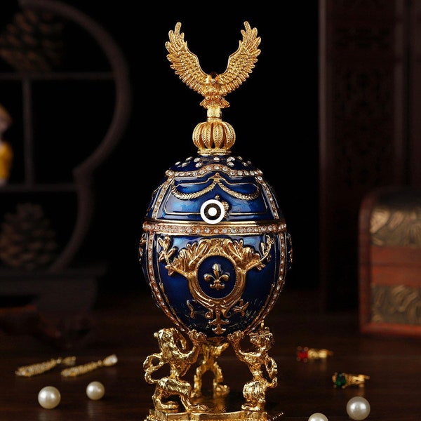 Unisex 7”tall huge Faberge style replica naval navy blue egg This has 3 lion feet eagle crest and is a gift for man husband man cave. Gift!