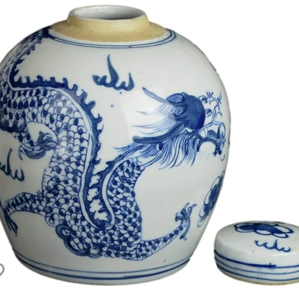 Year of the Dragon blue and white small jar with lid. Looks beautiful for home decor for Asian piece lovers great shape 6.5” tall lid.