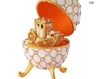 Car faberge style egg on hinge in it.Covered in lace crystals and lace outside pattern gift for car lover or home decor crisp white and gold