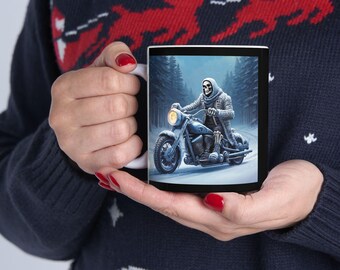 Skeleton Biker Ceramic Mug, Motorcycle Coffee Cup, Gothic Tea Mug, Halloween Gift, Spooky Kitchen Decor, Creepy Skeleton Rider Mug