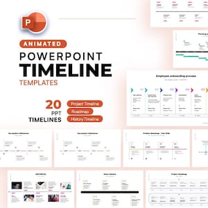 May include: A collection of PowerPoint timeline templates. The image features the text "ANIMATED POWERPOINT TIMELINE TEMPLATES" with the number "20 PPT TIMELINES". The templates include project timelines, roadmaps, and history timelines, with examples of employee onboarding and product roadmaps.