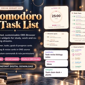 Pomodoro Timer & Chat Task List OBS Widget / Cozy Study With Me Overlay / Co-Working Stream Twitch / Chat To-Do Commands