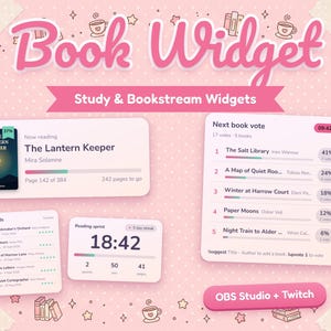 May include: A digital interface display titled Book Widget and Study & Bookstream Widgets featuring pink backgrounds with white icons. It includes panels for reading progress, a next book vote list, recent reads, and a reading sprint timer.