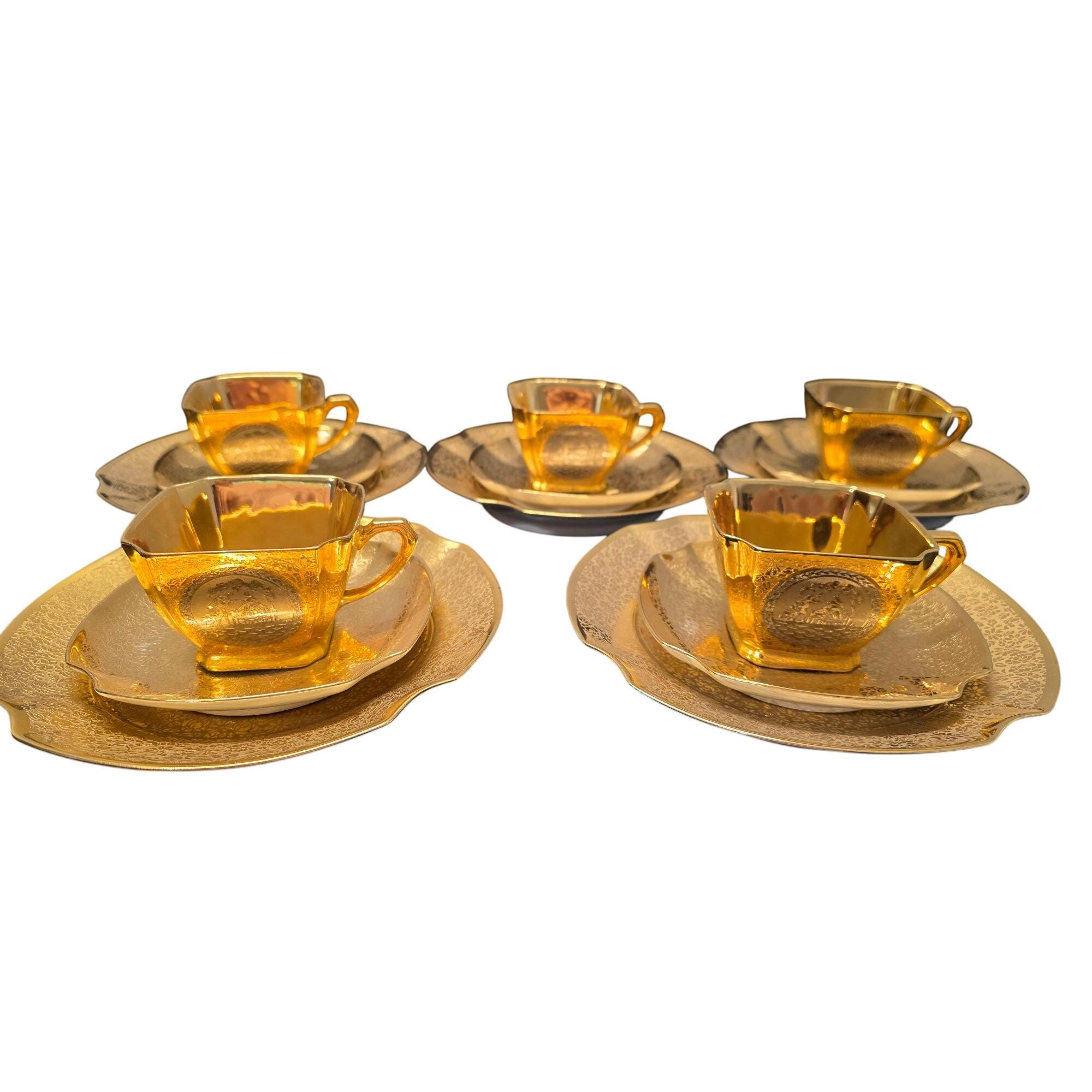 5 Arzberg Bavaria Tea Set Antique German Porcelain 24k Gold Platinum ...