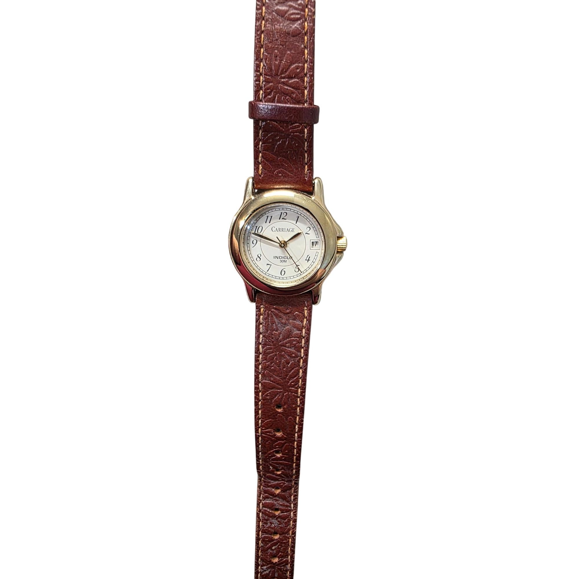Carriage Timex Indiglo Watch Gold Tone 30M Brown Leather  display picture 2