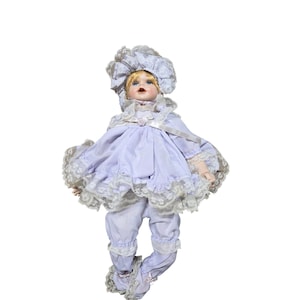 Vintage Broadway Collection 18&quot; Porcelain Doll In Purple Lace Dress & Bonnet