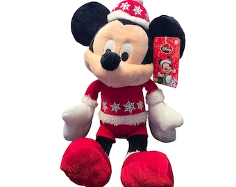 Peluche navideño de Mickey Mouse con copos de nieve en rojo y blanco