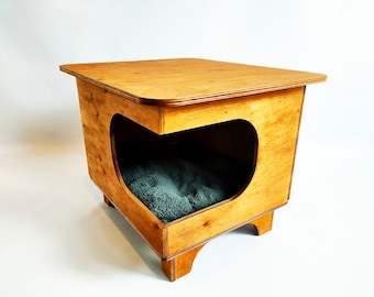 Plans, blueprint: Wooden Cat house, nightstand, bedside table, 21.25'' x 17.35'' x 15.75'' (52 cm x 44 cm x 40cm)