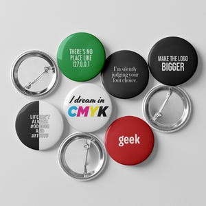 Conjunto de pines para diseñadores gráficos - Botones para desarrolladores web - Paquete de 6 pines de 3,8 cm - Sueño en CMYK - Regalo divertido para programadores - Pines para profesionales de TI - Arte geek