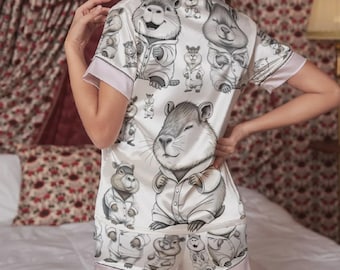 Free Shipping – Cute Capybara PJs for Women – Silk-Like Pajama Set – Kawaii Animal Sleepwear Gift