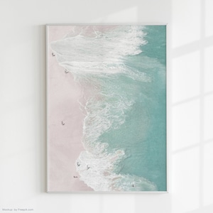 Ocean Aerial Photography Wall Print | Analog Art | Printable Art Aerial View of Beach and Large Waves | Analog Vintage Retro Aesthetics