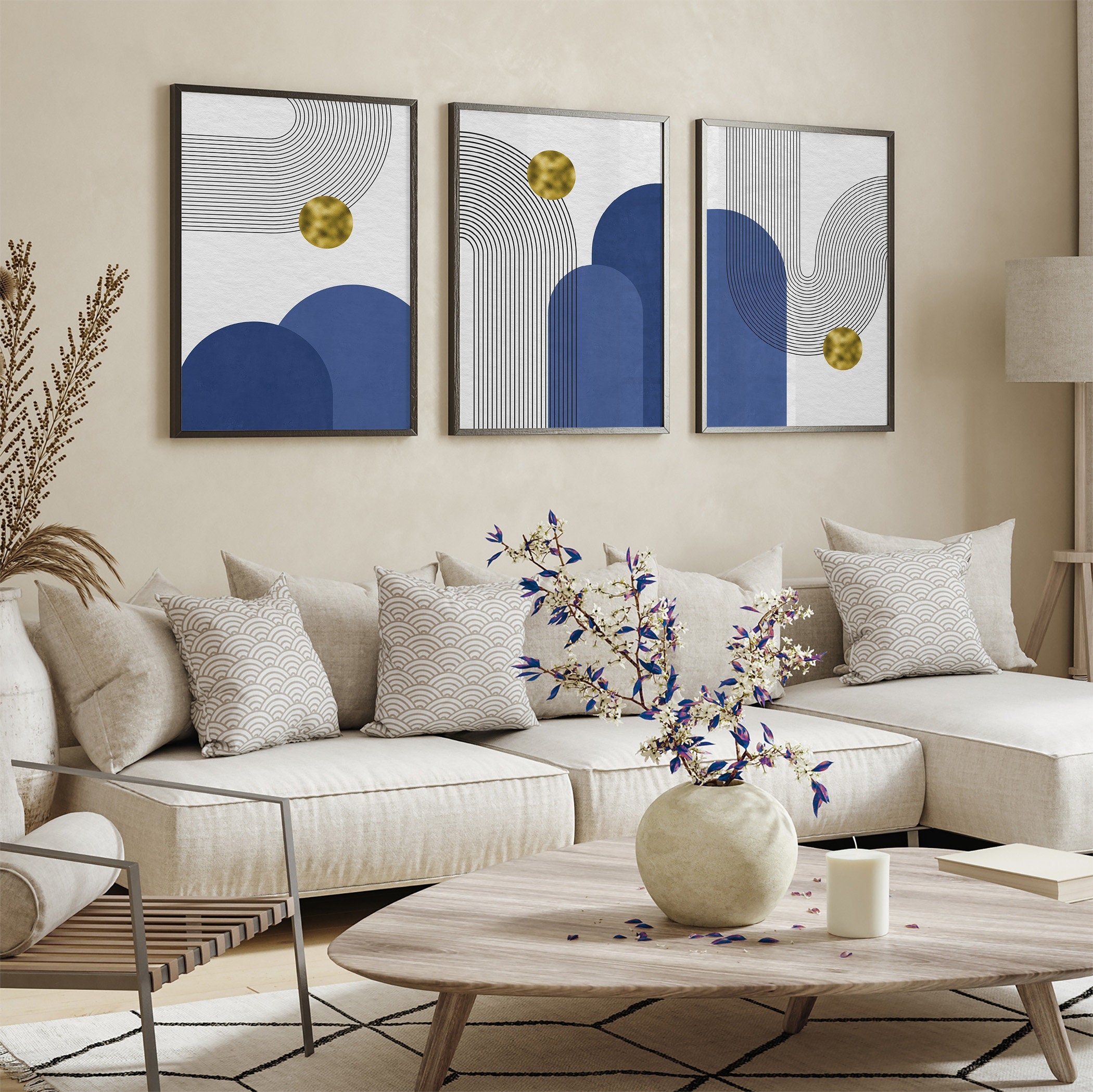 Mid Century Modern Gallery Wall Set of 3 Art Pieces | Blue Abstract ...