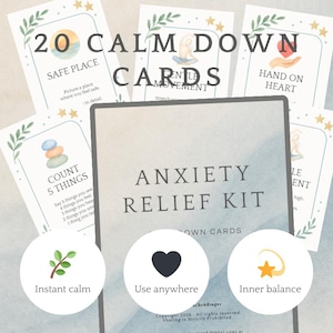 以下が含まれることがあります： 20枚のCalm Downカードが入った不安解消キット。キットには、「安全な場所」や「5つのことを数える」などのフレーズが書かれたカードが含まれています。カードは植物のイラストと星のアクセントで装飾されています。キットには、「瞬時の安らぎ」、「どこでも使用可能」、および「内なるバランス」というフレーズも含まれています。