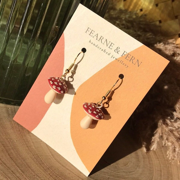 Red or Brown Mushroom Dangle Earrings || 24k Gold | Handmade | Spring Earrings | Gift | Toadstool Earrings | Cottagecore Earrings | Mushie