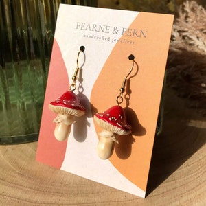 Red Realistic Mushroom Dangle Earrings || 24k Gold | Handmade | Spring Earrings | Gift | Toadstool Earrings | Cottagecore Earrings | Mushie