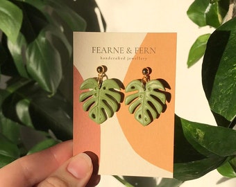 Monstera / Swiss Cheese Plant Leaf Earrings || 24K Gold | Handmade | UK | Recyclable Packaging | Gift | Boho Earrings | Spring Earrings