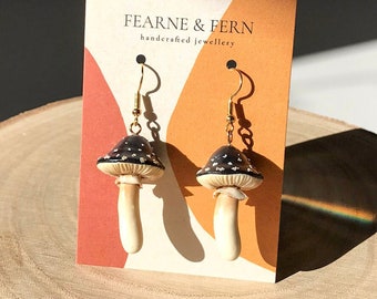 Black Realistic Mushroom Earrings || 24k Gold | Handmade | Spring Earrings | Gift | Toadstool Earrings | Cottagecore Earrings | Mushie