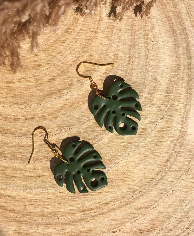 Monstera / Swiss Cheese Plant Leaf Earrings 24K Gold Handmade UK Recyclable Packaging Gift Boho Earrings Spring Earrings image 6