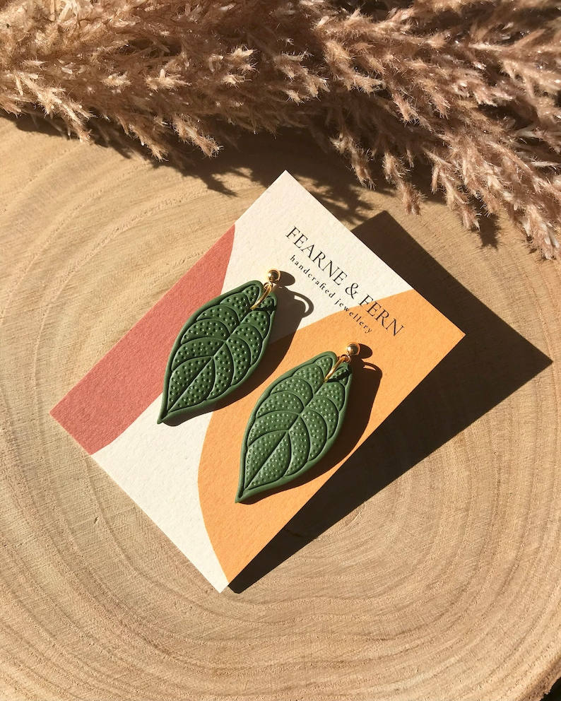 Plant Leaf Earrings 24K Gold Handmade UK Recyclable Packaging Gift Boho Earrings Valentine's Earrings Spring earrings Light Green Dotted