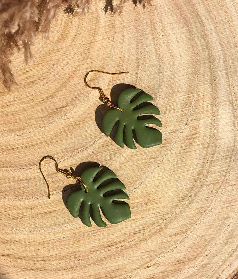 Monstera / Swiss Cheese Plant Leaf Earrings 24K Gold Handmade UK Recyclable Packaging Gift Boho Earrings Spring Earrings image 7
