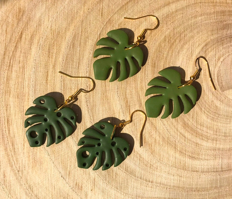 Monstera / Swiss Cheese Plant Leaf Earrings 24K Gold Handmade UK Recyclable Packaging Gift Boho Earrings Spring Earrings image 8